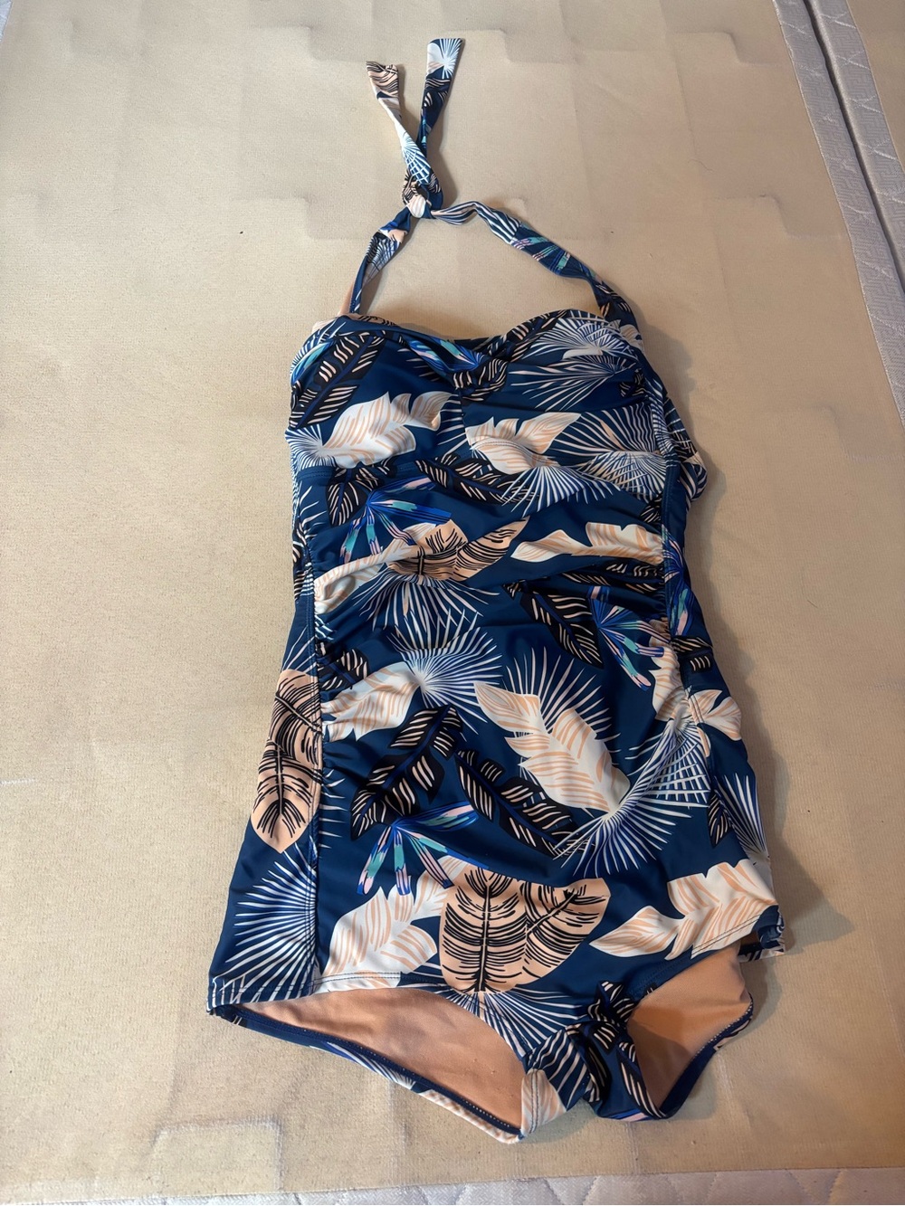 Women’s Tropical One-Piece Swimsuit XXL | Blue Palm Leaf Halter Bathing Suit